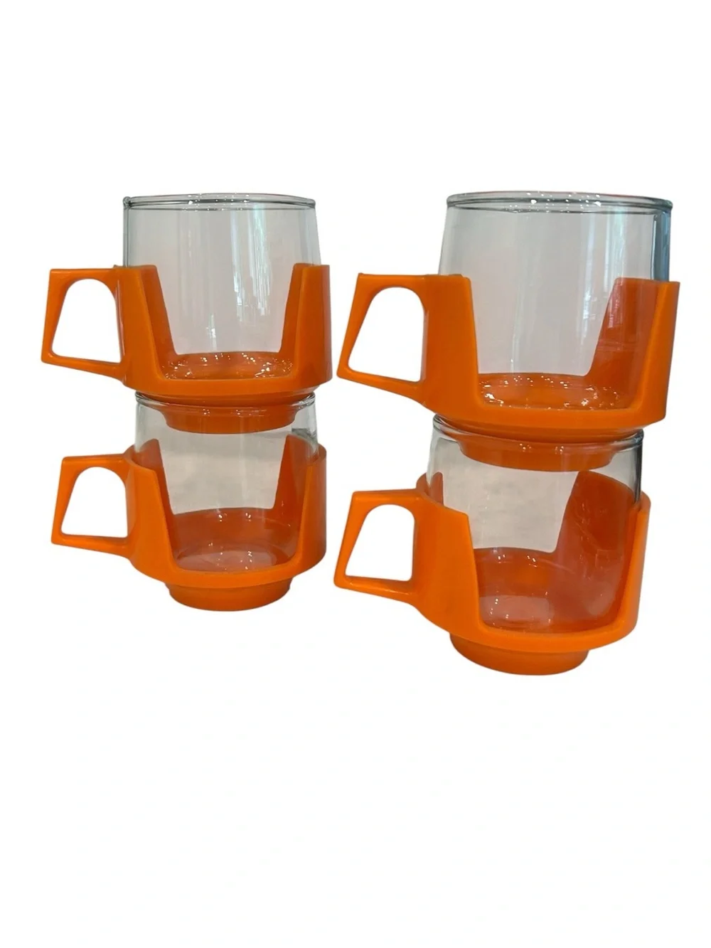 VTG JAJ Pyrex Drink Ups Lot of 4 Orange Plastic Holder Glass Mugs 1970s England